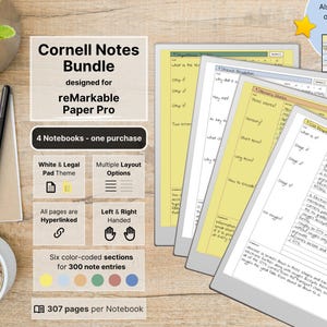 Op de afbeelding: Een digitaal Cornell Notes-pakket voor reMarkable Paper Pro-tablets, bestaande uit vier gehyperlinkte notitieboeken van elk 307 pagina's. De set bevat zes kleurgecodeerde secties, meerdere lay-outopties en ondersteuning voor links- en rechtshandigen.