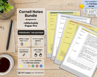 Cornell Notes for reMarkable Paper Pro, Notebook Bundle of 4, White & Legal Pad, 307 pages per Notebook, lined, dotted, hyperlinked