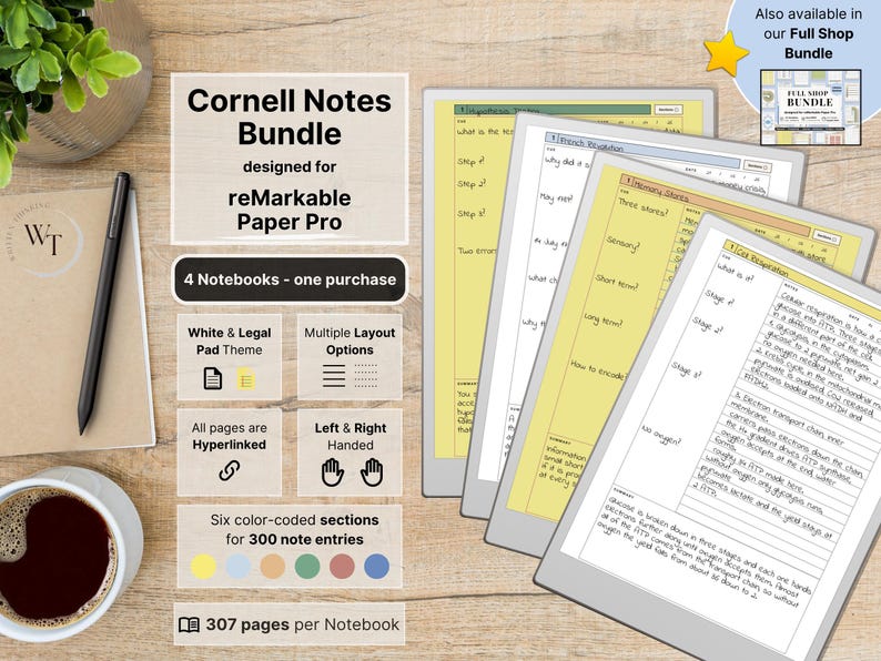 Cornell Notes for Remarkable Paper Pro, Notebook Bundle of 4, White ...