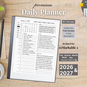 Premium Daily Planner for reMarkable 2 — 2026, 2027, calendar and notebook, Full Year Quarter Month Week Day, Sunday-Monday,Left-Right