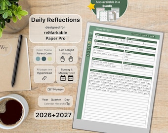 Daily Reflections for reMarkable Paper Pro, 2026, 2027, Green, Gratitude Journal, Self-Reflection, Notebook, Sunday-Monday, Left-Right