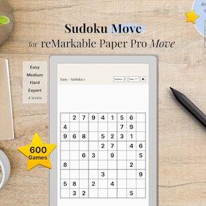 Könnte beinhalten: Ein digitales Tablet mit einem Sudoku-Rätsel und dem Text Sudoku Move for reMarkable Paper Pro Move. Der Bildschirm zeigt ein Gitter mit Zahlen, Schwierigkeitsstufen wie Easy, Medium, Hard, Expert und ein Etikett 600 Games. Ein schwarzer Eingabestift liegt an der Seite.