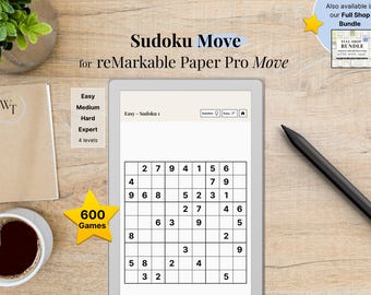 Sudoku Move for reMarkable Paper Pro Move, 600 Puzzles + Solutions on the Go, Puzzle Book, Mind Game, fully hyperlinked