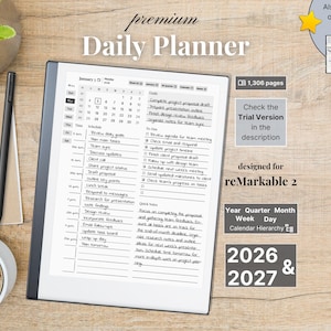 Premium Daily Planner for reMarkable 2 — 2026, 2027, calendar and notebook, Full Year Quarter Month Week Day, Sunday-Monday,Left-Right