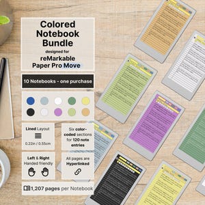 Notitieboeken voor reMarkable Paper Pro Move, set van 10 gekleurde notitieboeken, 1207 pagina's per notitieboekje, gevoerd met marge, hyperlinks, notitieblok