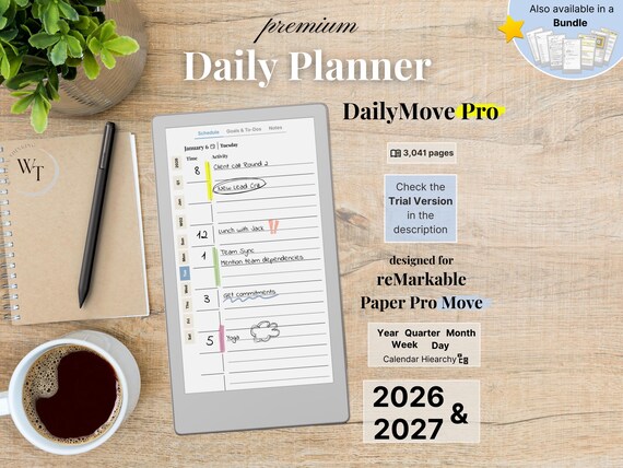 Premium Daily Planner for reMarkable Paper Pro Move, 2026, 2027, DailyMove Pro, Year Quarter Month Week Day, Sunday-Monday, Left-Right