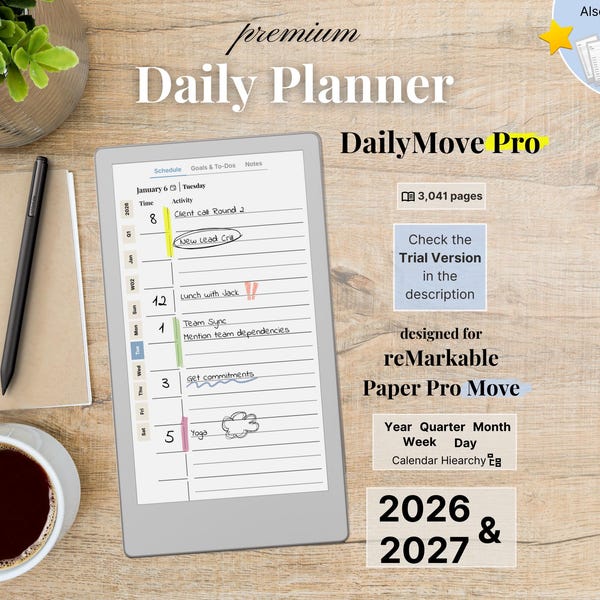 Premium Daily Planner for reMarkable Paper Pro Move, 2026, 2027, DailyMove Pro, Year Quarter Month Week Day, Sunday-Monday, Left-Right