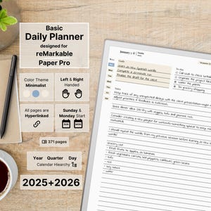 Basic Daily Planner for reMarkable Paper Pro – Minimalist Edition,2025,2026, Year Quarter Day, Notebook, Calendar, Sunday-Monday, Left-Right