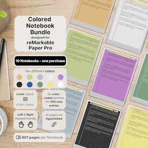 Set of 10 colored Notebooks for reMarkable Paper Pro | 607 pages per Notebook | lined with margin | Hyperlinked