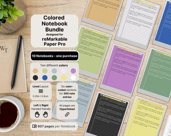 Set of 10 colored Notebooks for reMarkable Paper Pro | 607 pages per Notebook | lined with margin | Hyperlinked