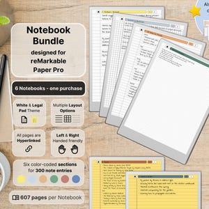 6er Set Notizhefte für reMarkable Paper Pro, Yellow & White, 607 Seiten pro Heft, liniert mit Rand, gepunktet, kariert, Verlinkt