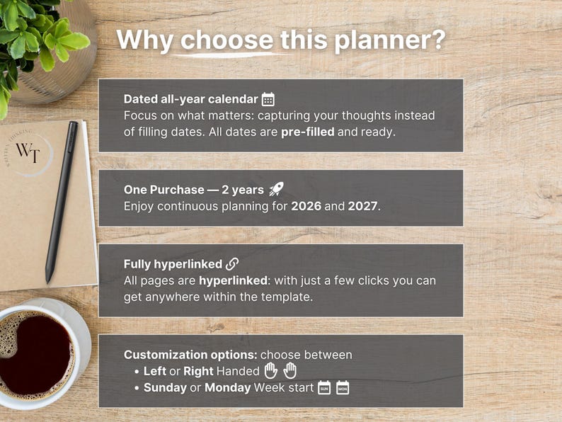 Planificador diario premium para reMarkable 2 — 2026, 2027, calendario y cuaderno, Año completo, Trimestre, Mes, Semana, Día, Domingo-Lunes, Izquierda-Derecha imagen 3