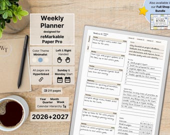 Weekly Planner for reMarkable Paper Pro — Minimalist, 2026, 2027, Year Quarter Month Week, Sunday-Monday, Left-Right-Handed