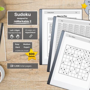 May include: A digital Sudoku game designed for reMarkable 2 tablets, featuring 600 games across 1,206 pages. The interface includes hyperlinked pages, four difficulty levels, and left and right-handed support. The display shows a grid puzzle.