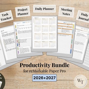 May include: A productivity bundle for reMarkable Paper Pro, featuring a to-do list, task tracker, project planner, daily planner, meeting notes, daily journal, and a 6x notebook. Includes bonus habit trackers. The text "Productivity Bundle" and "2026+2027" are visible.