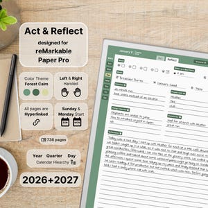 Actúa y reflexiona para reMarkable Paper Pro, 2026, 2027, Verde, Planificador diario y de reflexión, Cuaderno, Domingo-Lunes, Izquierda-Derecha, Hipervínculo