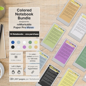 Notebooks for reMarkable Paper Pro Move, Set of 10 colored Notebooks, 1207 pages per Notebook, lined with margin, hyperlinked, Notepad