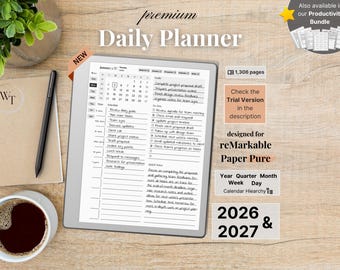 Premium Daily Planner for reMarkable Paper Pure, 2026, 2027, Year Quarter Month Week Day, Sunday-Monday, Left-Right-Handed, Minimalist