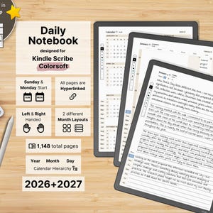 Daily Notebook for Kindle Scribe Colorsoft, 2026, 2027, dated Daily Notes, daily 3 lined notes pages, hyperlinked, Sunday-Monday, Left-Right