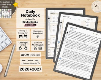Daily Notebook for Kindle Scribe Colorsoft, 2026, 2027, dated Daily Notes, daily 3 lined notes pages, hyperlinked, Sunday-Monday, Left-Right