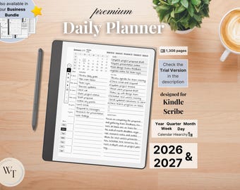 Planificador diario premium para Kindle Scribe: minimalista, 2026, 2027, año, trimestre, mes, día de la semana, domingo y lunes, para zurdos y diestros.