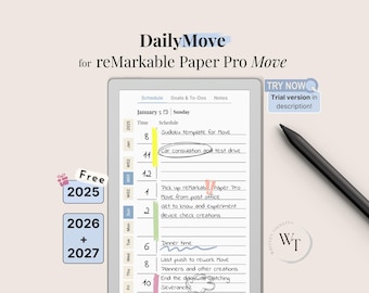 DailyMove for reMarkable Paper Pro Move, 2025-27, Daily Planner, Year Month Day, Notebook, Sunday-Monday, Left-Right, 2025, 2026, 2027