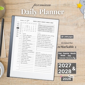 Agenda giornaliera premium per reMarkable 2, 2026, 2027, 2028, calendario e taccuino, Anno intero, Trimestre, Mese, Giorno della settimana, Domenica-Lunedì, Da sinistra a destra