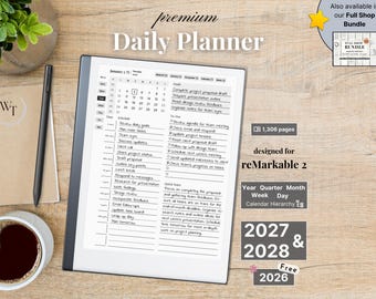 Premium Daily Planner for reMarkable 2, 2026, 2027, 2028, calendar and notebook, Full Year Quarter Month Week Day, Sunday-Monday, Left-Right