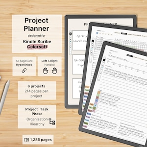 Pianificatore di progetti per Kindle Scribe Colorsoft, 6 progetti, collegamenti ipertestuali, mancini/destrorsi, attività aziendali, traguardi, compiti, Kanban, revisione
