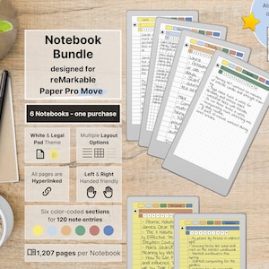 Set of 6 Notebooks for reMarkable Paper Pro Move, White & Legal Pad, 607 pages per Notebook, lined, dotted, squared, yellow, Hyperlinked