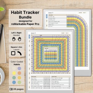 Paquete de seguimiento de hábitos para reMarkable Paper Pro, juego de 2, hábitos diarios, semanales y mensuales, 12 meses, con hipervínculos, para zurdos y diestros, sin fecha