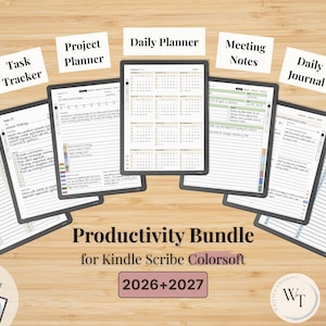 May include: A digital productivity bundle for Kindle Scribe Colorsoft featuring templates for a To-Do List, Task Tracker, Project Planner, Daily Planner, Meeting Notes, Daily Journal, and 6x Notebook. Includes 2026 and 2027 calendars and a free Sudoku and habit tracker.