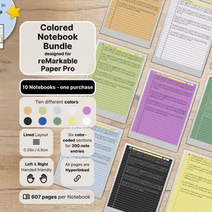 May include: A digital notebook bundle for reMarkable Paper Pro featuring ten colored templates with lined layouts, 607 pages per notebook, and six hyperlinked sections. The set includes various color options like yellow, green, blue, and black.
