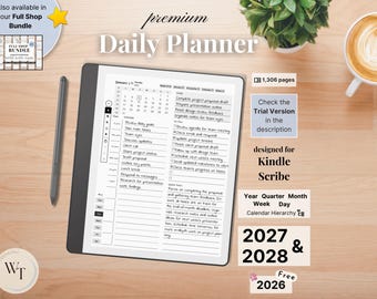 Premium Daily Planner for Kindle Scribe — Minimalist, 2026, 2027, 2028, Year Quarter Month Week Day, Sunday-Monday, Left-Right-Handed