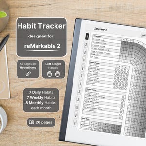 Habit Tracker for reMarkable 2, grey-scaled, Daily weekly monthly habits, 12 months overview and notes, Hyperlinked, Left-Right Handed