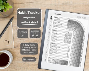 Habit Tracker for reMarkable 2, grey-scaled, Daily weekly monthly habits, 12 months overview and notes, Hyperlinked, Left-Right Handed