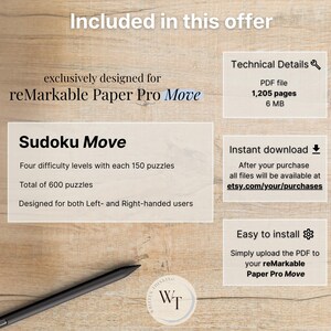 Sudoku Move for reMarkable Paper Pro Move, 600 Puzzles + Solutions on the Go, Puzzle Book, Mind Game, fully hyperlinked image 7