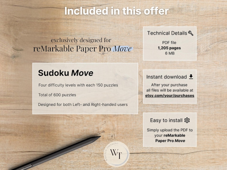 Sudoku Move for reMarkable Paper Pro Move, 600 Puzzles + Solutions on the Go, Puzzle Book, Mind Game, fully hyperlinked image 7