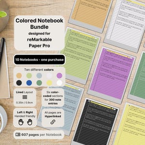 Set of 10 colored Notebooks for reMarkable Paper Pro | 607 pages per Notebook | lined with margin | Hyperlinked