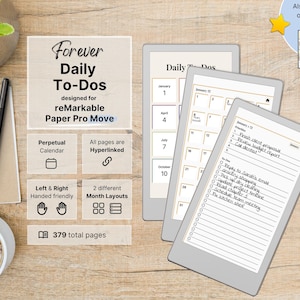 Pode incluir: Um planejador digital para reMarkable Paper Pro com listas de tarefas diárias, calendário perpétuo e páginas com hiperlinks. A tela mostra uma visualização mensal e uma lista de tarefas manuscritas. Inclui 379 páginas e layouts para canhotos e destros.