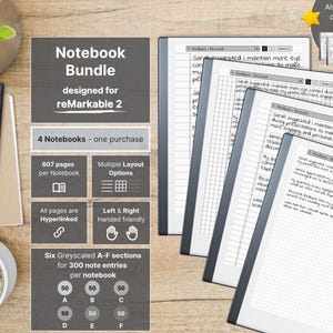 Set of 4 Notebooks for reMarkable 2, 607 pages per Notebook, lined and wide lined with margin, dotted, squared, hyperlinked