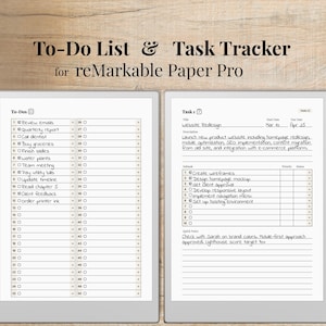 Lista de tarefas e rastreador de afazeres para reMarkable Paper Pro, lista de afazeres com 50 tarefas e anotações, rastreador de tarefas com 50 tarefas e 10 subtarefas por tarefa.