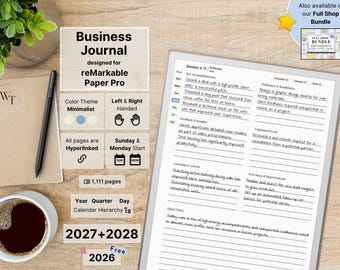 Business Journal for reMarkable Paper Pro, Minimalist, 2026, 2027, 2028, Year, Quarter, Day, Sunday-Monday, Left-Right-Handed