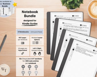 Set of 4 Notebooks for Kindle Scribe, 607 pages per Notebook, narrow and wide lined with margin, dotted, squared, hyperlinked