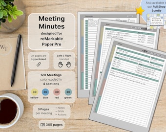 Meeting Minutes for reMarkable Paper Pro, 120 Meetings, Hyperlinked, Left-Right Handed, Business, Meeting Notebook, Meeting Notes
