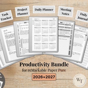 May include: A digital productivity bundle for reMarkable Paper Pure featuring a 2026 and 2027 calendar, task tracker, project planner, daily planner, meeting notes, daily journal, 6x notebook, and 2 free habit trackers with text labels.