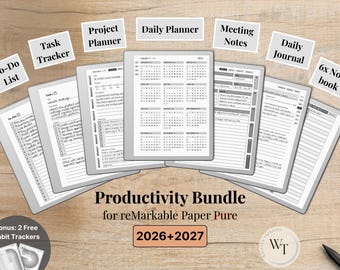 Templates for reMarkable Paper Pure, 2026 2027, Daily Planner, Journal, Meeting, Project, Notebook, To-Do, Task Tracker, Productivity Bundle