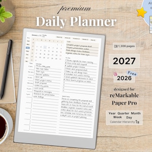 May include: A digital daily planner for reMarkable Paper Pro featuring a 1,306-page layout with a calendar, task lists, and schedule. The screen displays January 5th with handwritten notes, alongside text for 2026 and 2027, and a calendar hierarchy.
