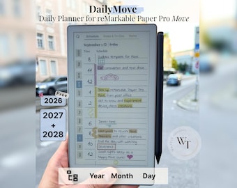 Daily Planner for reMarkable Paper Pro Move, 2026, 2027, 2028, DailyMove, Year Month Day, Notebook, Sunday-Monday, Left-Right