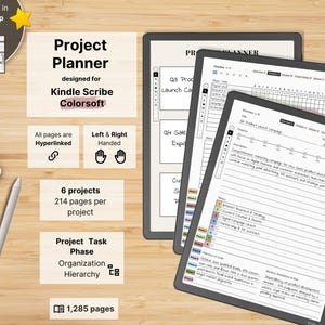 Project Planner for Kindle Scribe Colorsoft, 6 Projects, Hyperlinked, Left-Right Handed, Business To-Do, Phases, Tasks, Kanban, Review